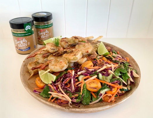 BBQ spicy peanut butter prawns & South-East Asian style salad with peanut butter dressing